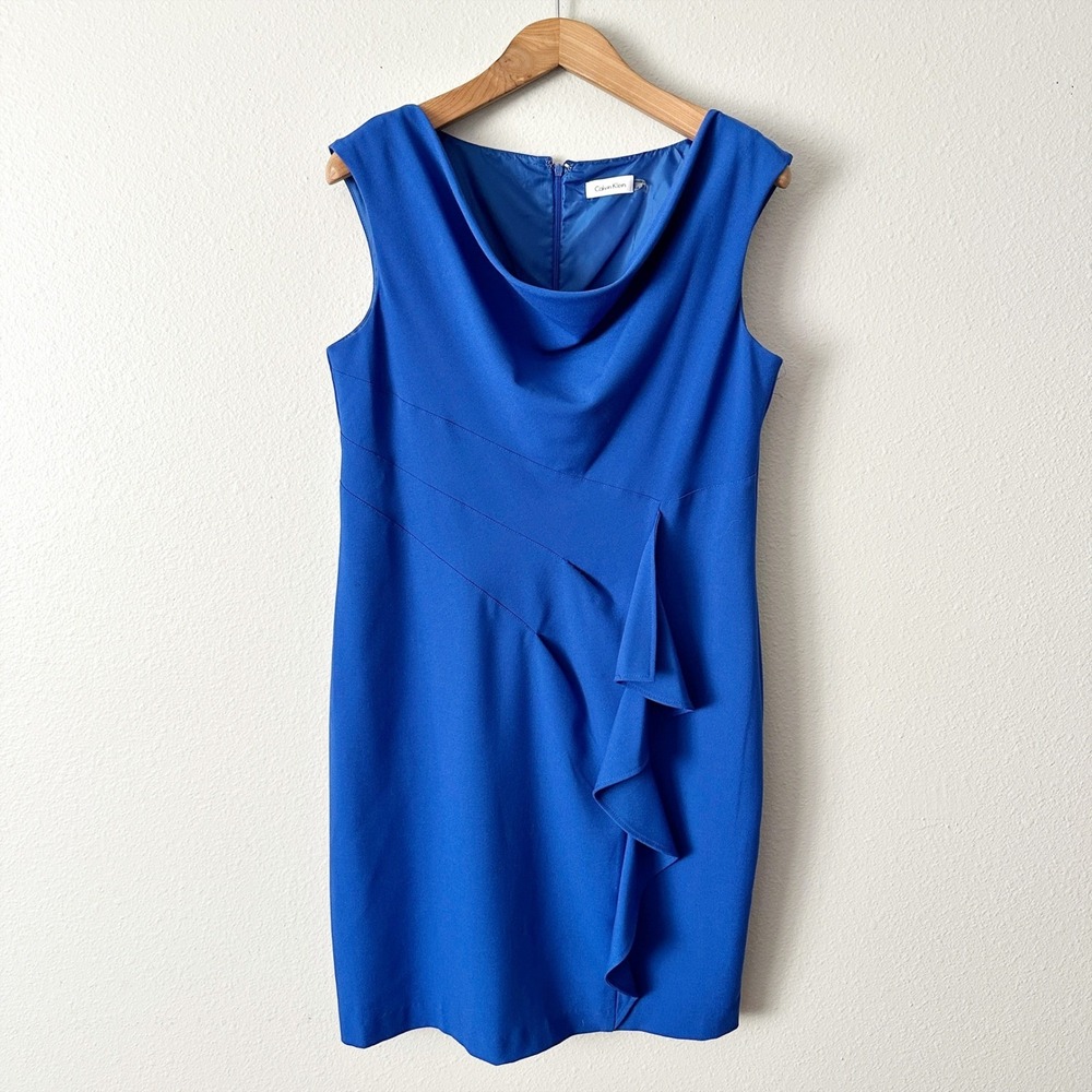 Calvin Klein Women Royal Blue Cap Sleeve Cowl‎ Neck Ruffle Sheath Dress 14